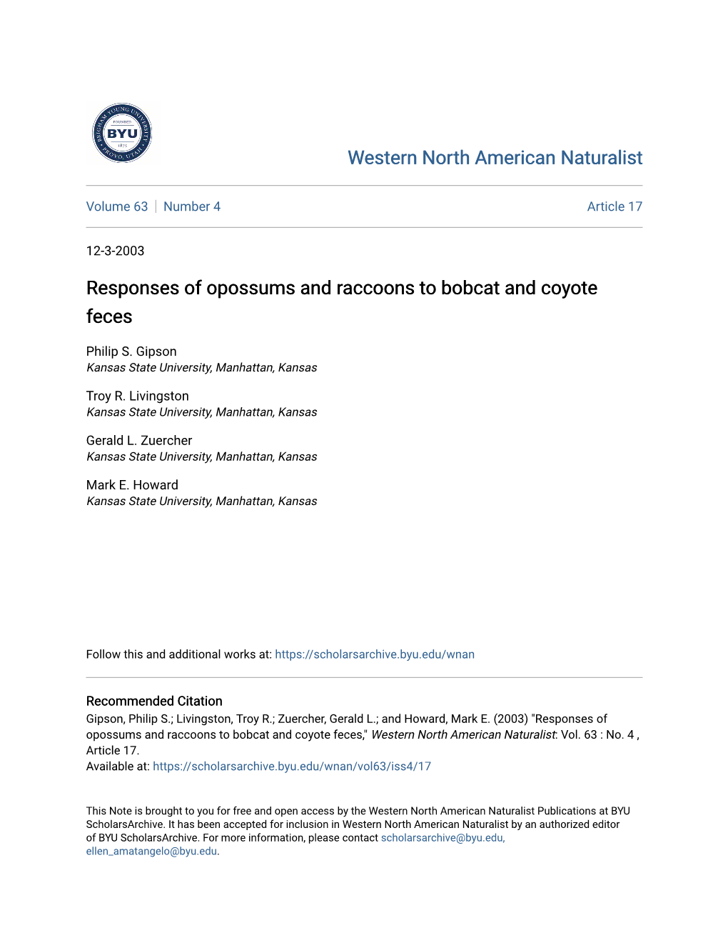 Responses of Opossums and Raccoons to Bobcat and Coyote Feces