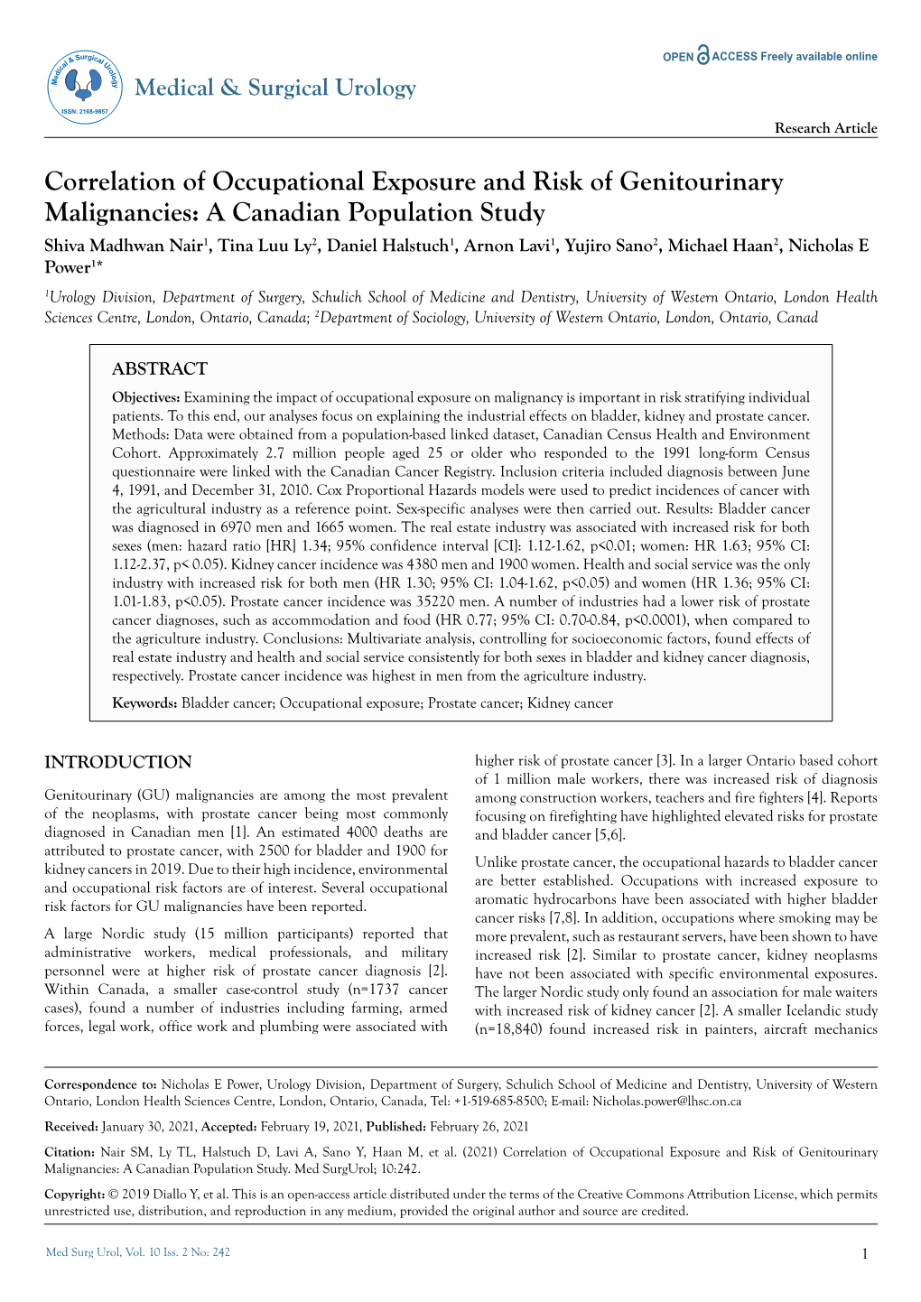 Correlation of Occupational Exposure and Risk of Genitourinary