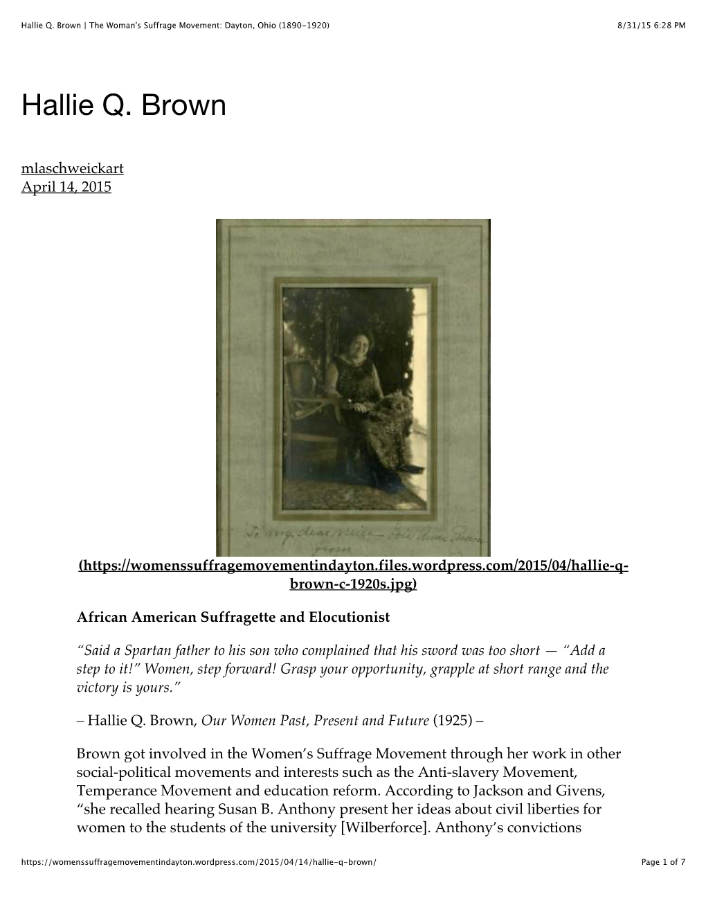 Hallie Q. Brown | the Woman's Suffrage Movement: Dayton, Ohio (1890-1920) 8/31/15 6:28 PM