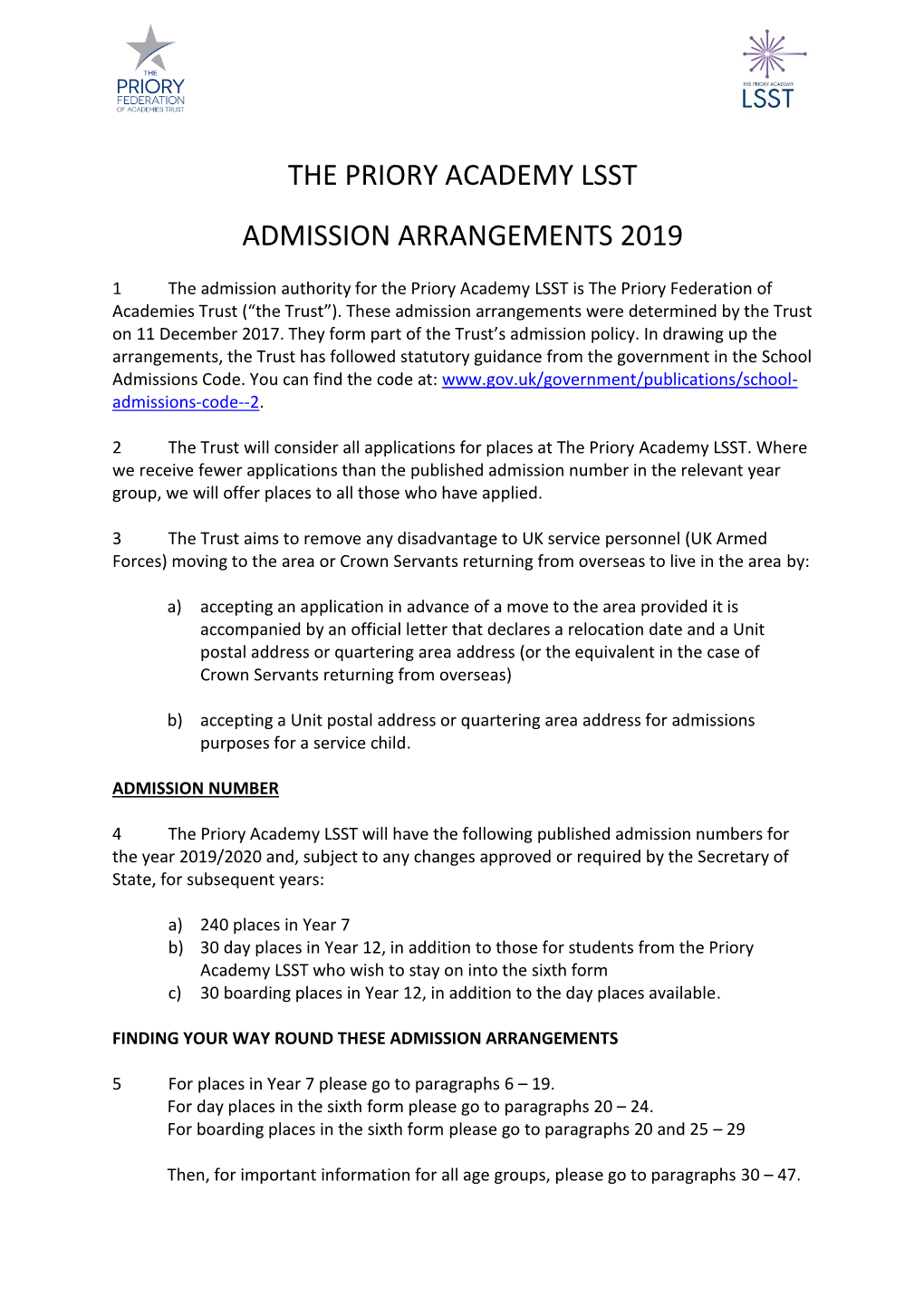 The Priory Academy Lsst Admission Arrangements 2019