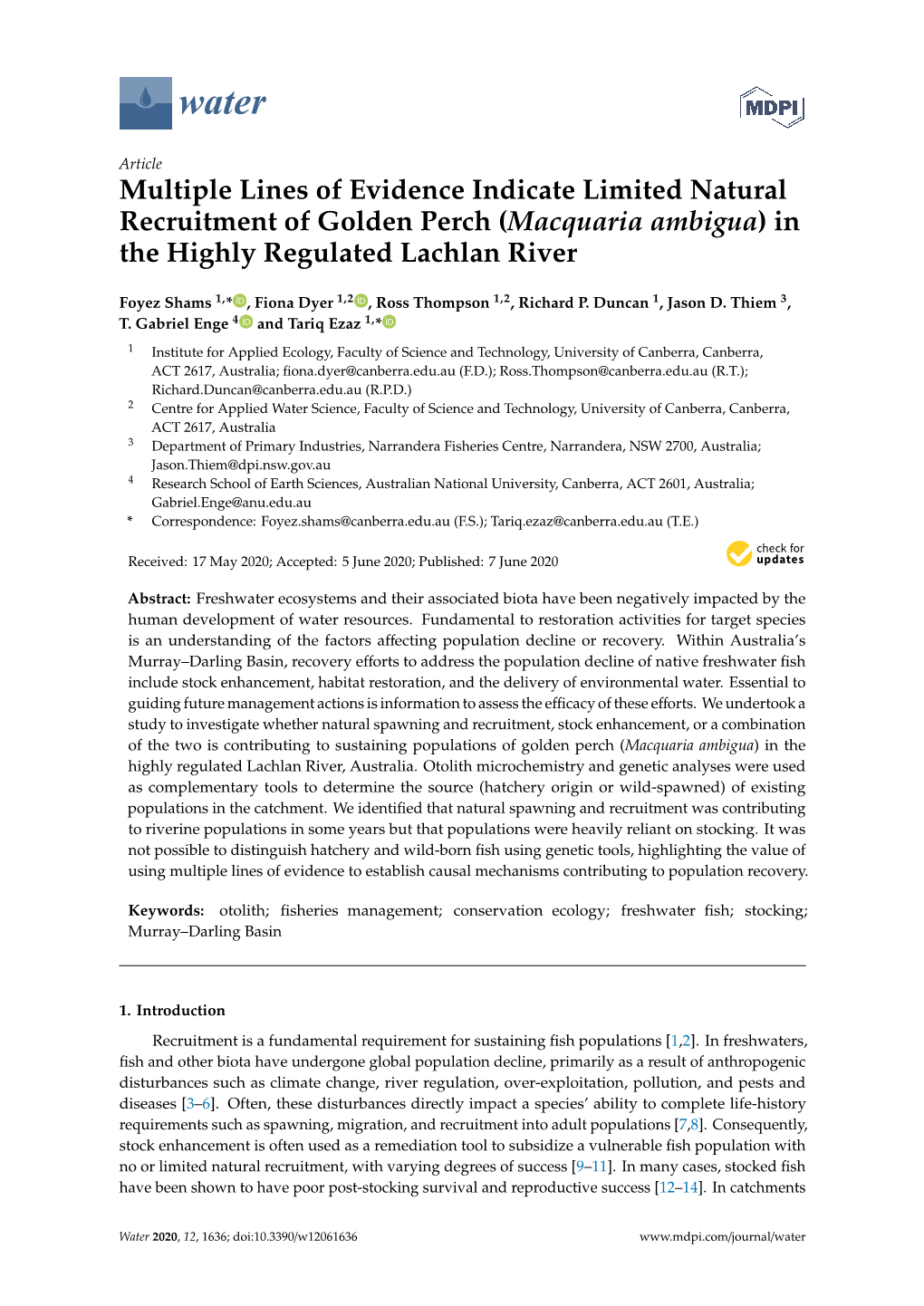 Multiple Lines of Evidence Indicate Limited Natural Recruitment of Golden Perch (Macquaria Ambigua) in the Highly Regulated Lachlan River