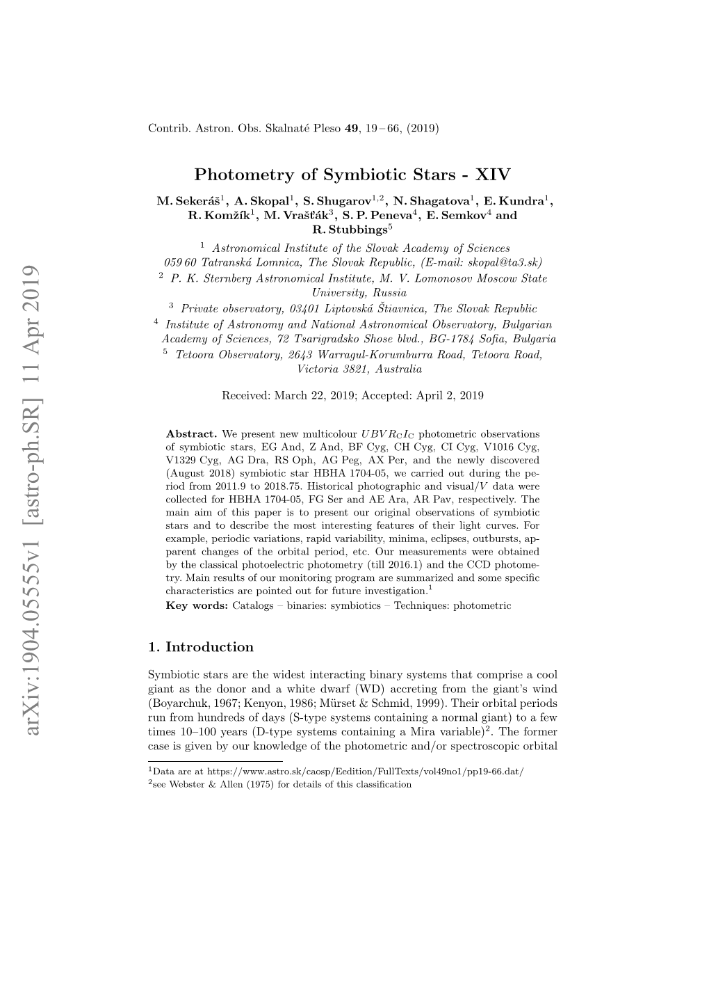 Arxiv:1904.05555V1 [Astro-Ph.SR] 11 Apr 2019 1 Skalnat´E Pleso Obs