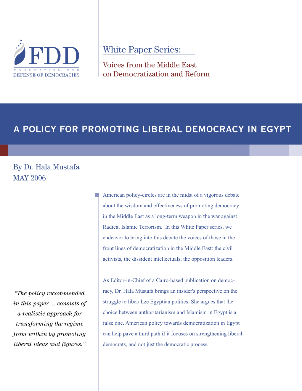 A Policy for Promoting Liberal Democracy in Egypt