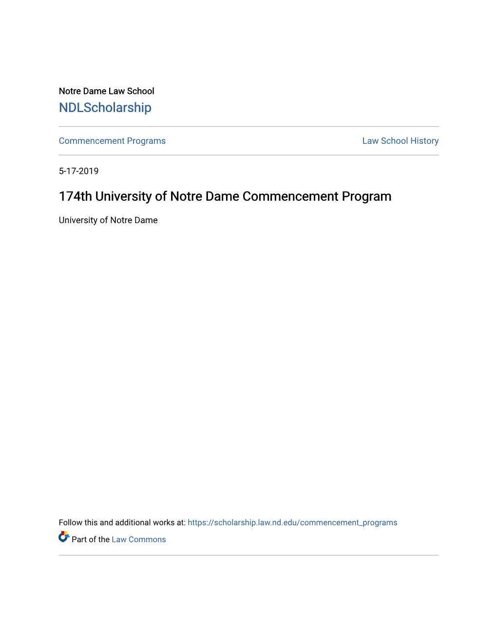 174Th University of Notre Dame Commencement Program