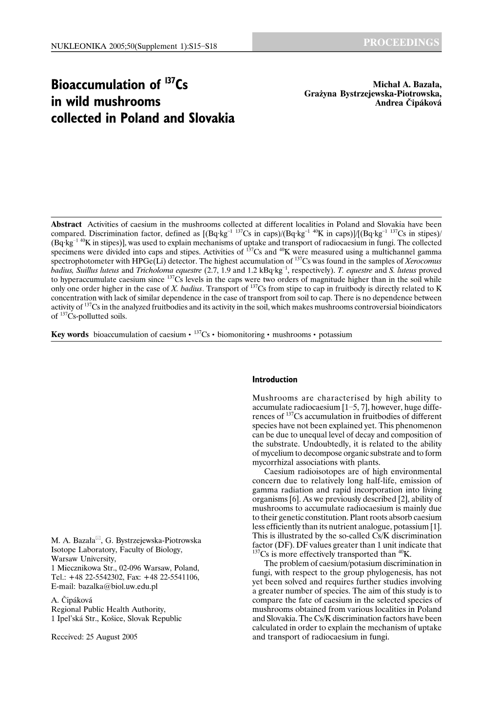 Bioaccumulation of 137Cs in Wild Mushrooms Collected in Poland and Slovakia S17