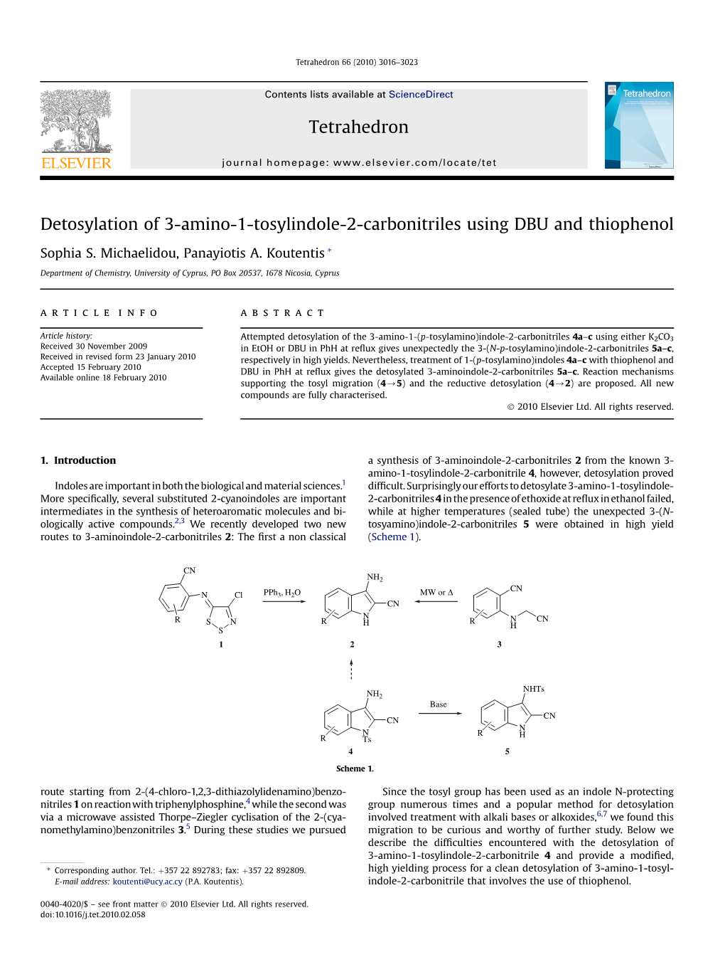 Detosylation of 3-Amino-1-Tosylindole-2-Carbonitriles Using DBU and Thiophenol