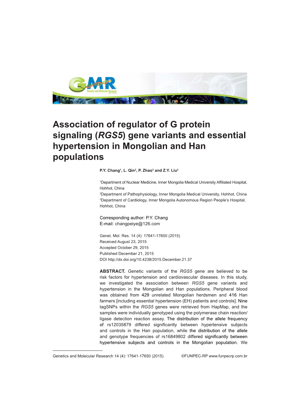 (RGS5) Gene Variants and Essential Hypertension in Mongolian and Han Populations