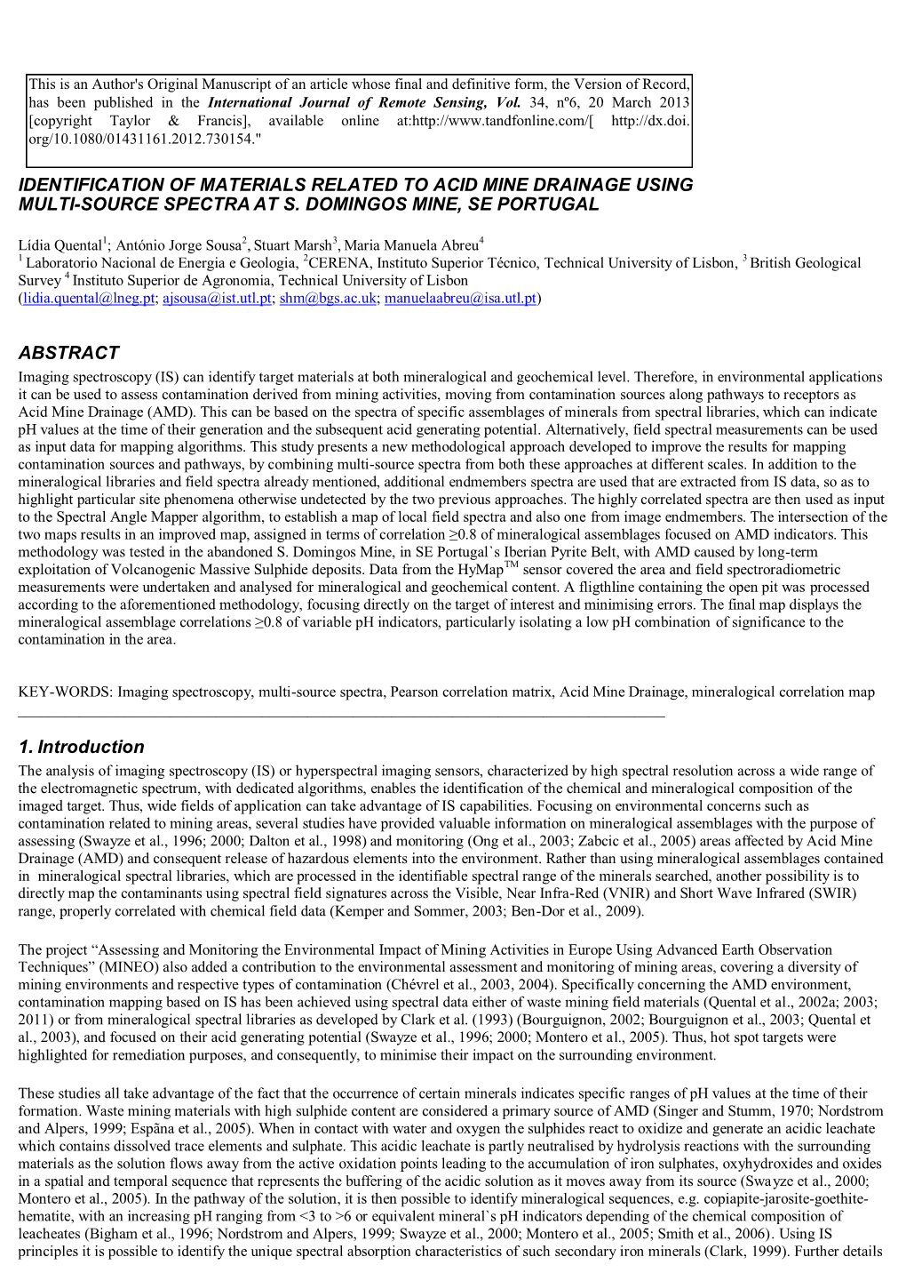 Identification of Materials Related to Acid Mine Drainage Using Multi-Source Spectra at S