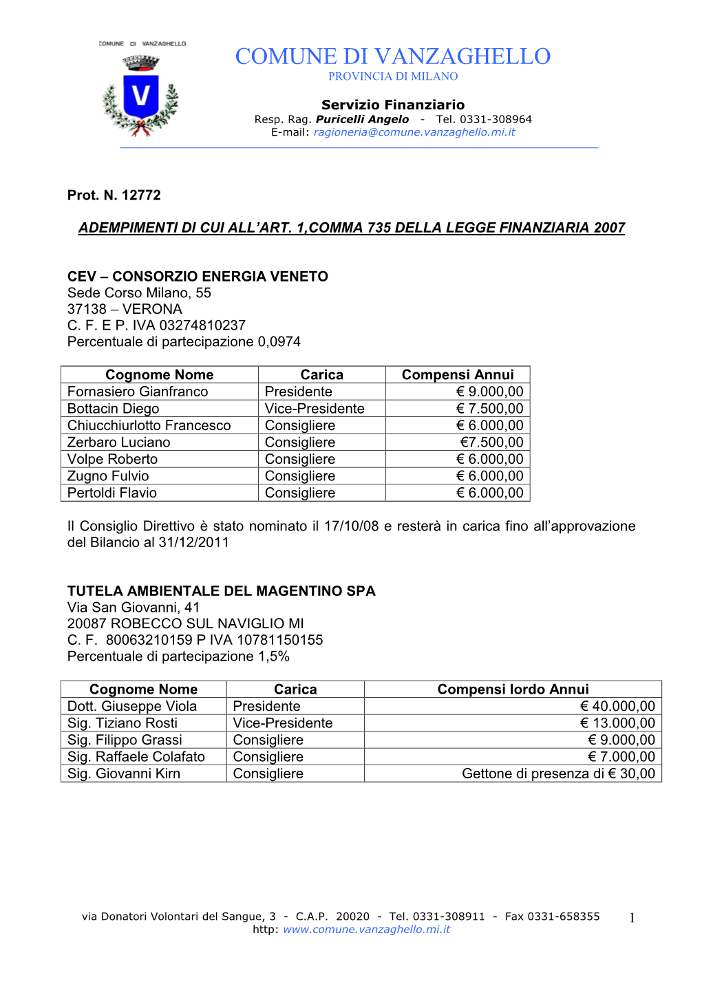 Comune Di Vanzaghello Provincia Di Milano