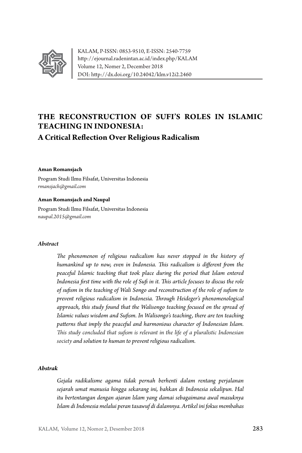 The Reconstruction of Sufi's Roles in Islamic Teaching in Indonesia