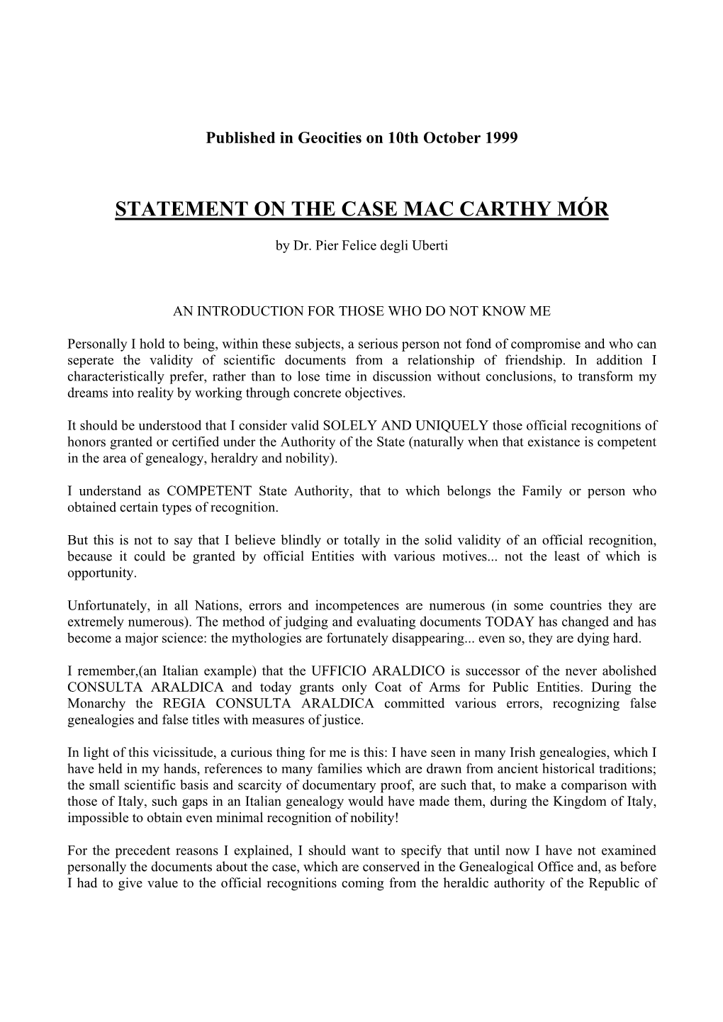 Statement on the Case Mac Carthy Mór