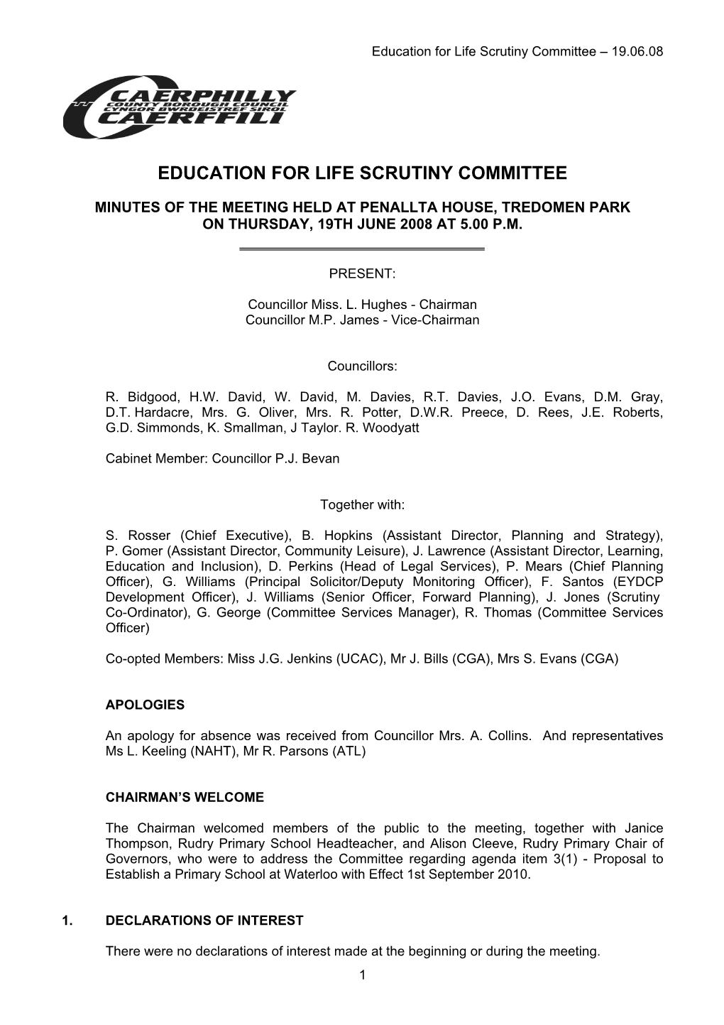 Education for Life Scrutiny Committee – 19.06.08