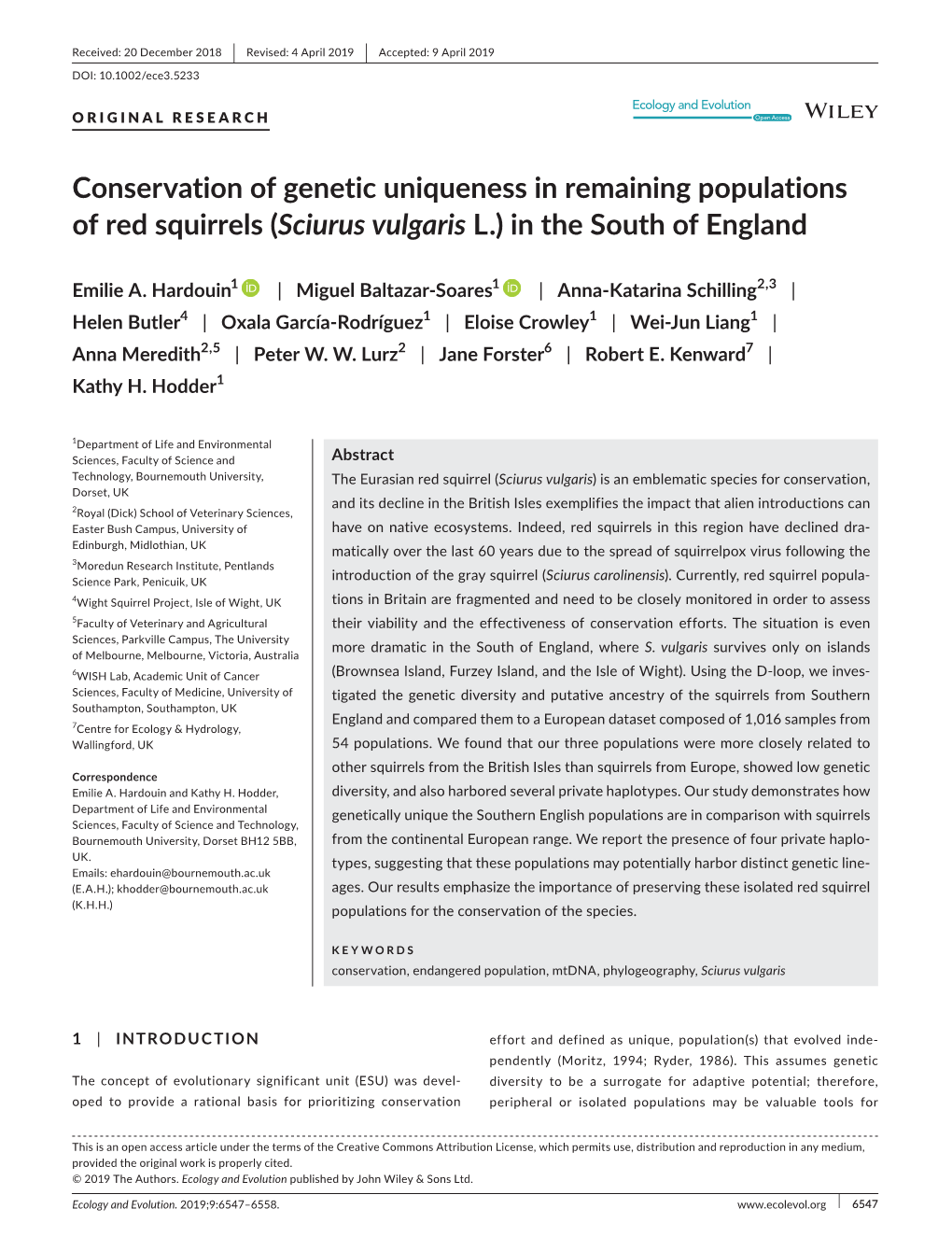 Conservation of Genetic Uniqueness in Remaining Populations of Red Squirrels (Sciurus Vulgaris L.) in the South of England