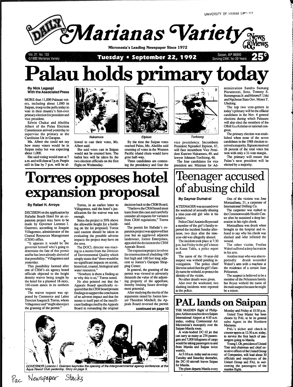 Palau Holds Primary Today by Nick Legaspi Ministration Sandra Sumang with the Associated Press Pierantozzi, Sens