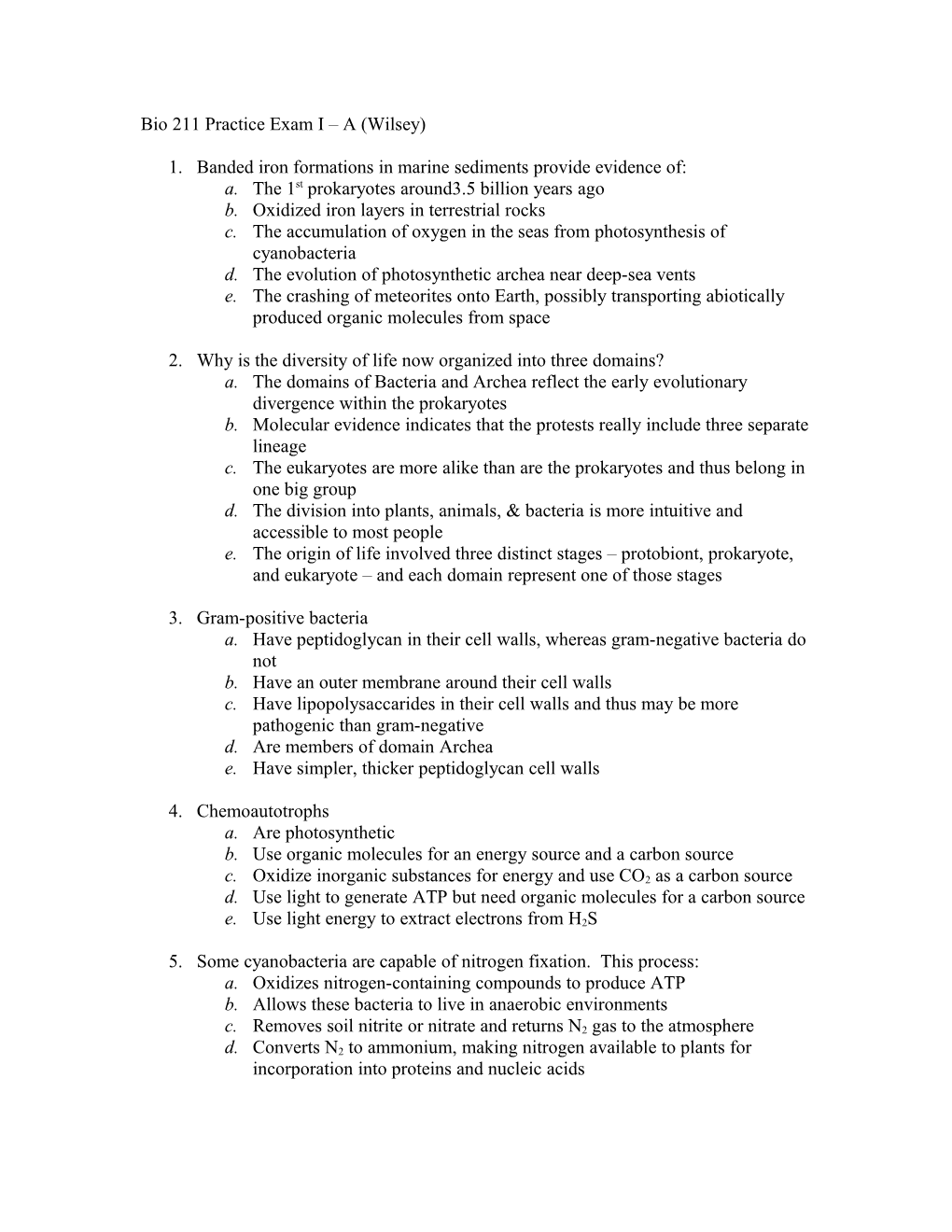 Bio 211 Practice Exam I a (Wilsey)