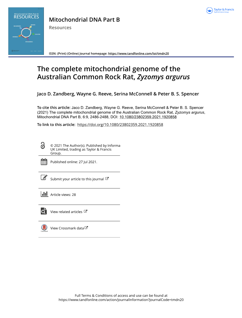 The Complete Mitochondrial Genome of the Australian Common Rock Rat, Zyzomys Argurus