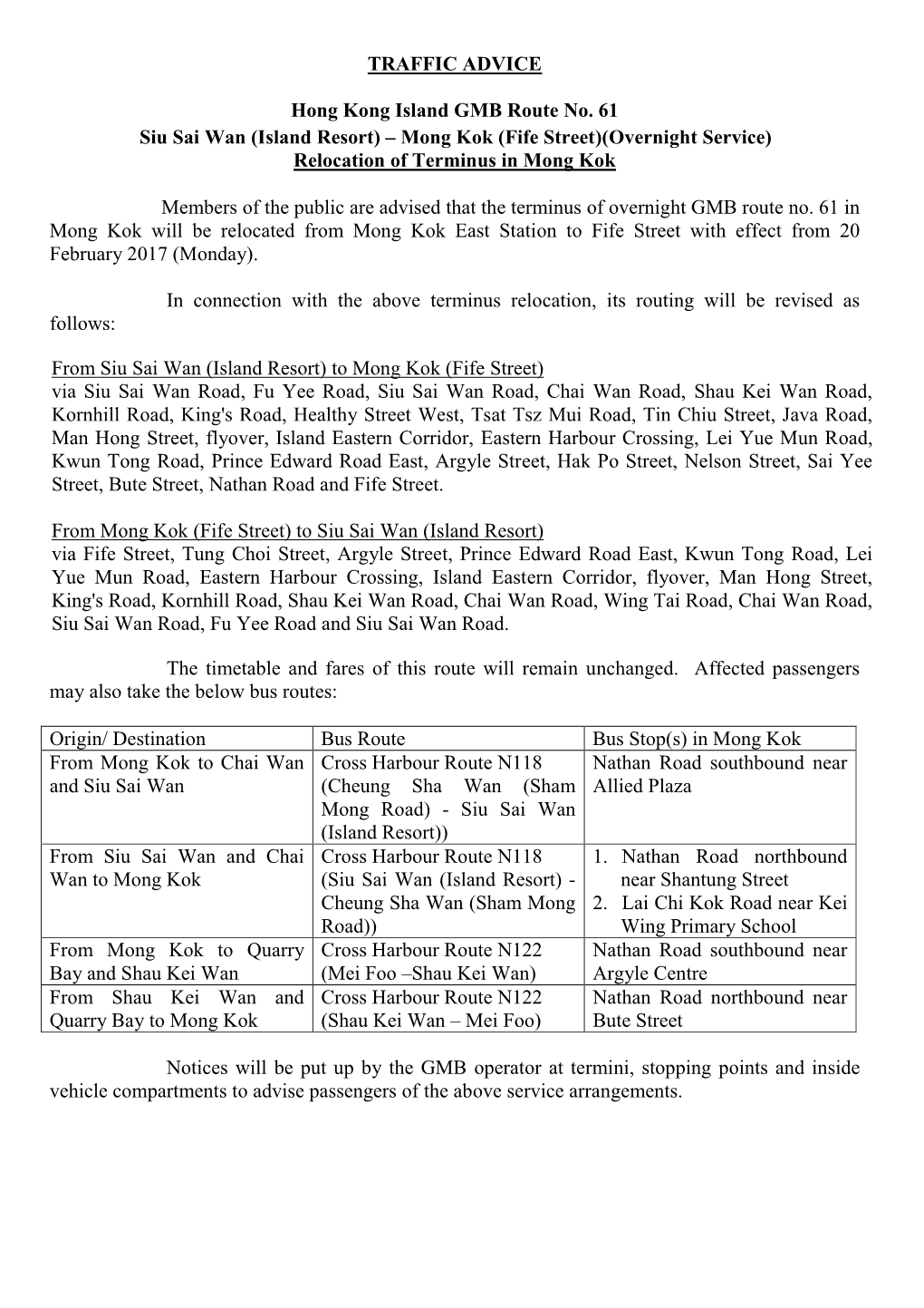 TRAFFIC ADVICE Hong Kong Island GMB Route No. 61 Siu Sai Wan
