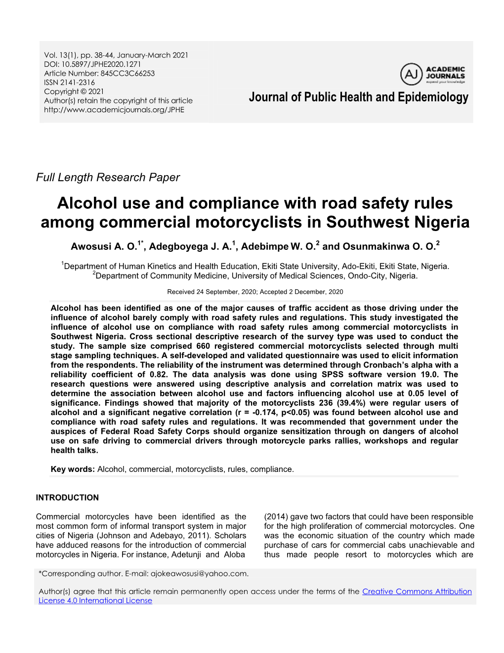 Alcohol Use and Compliance with Road Safety Rules Among Commercial Motorcyclists in Southwest Nigeria