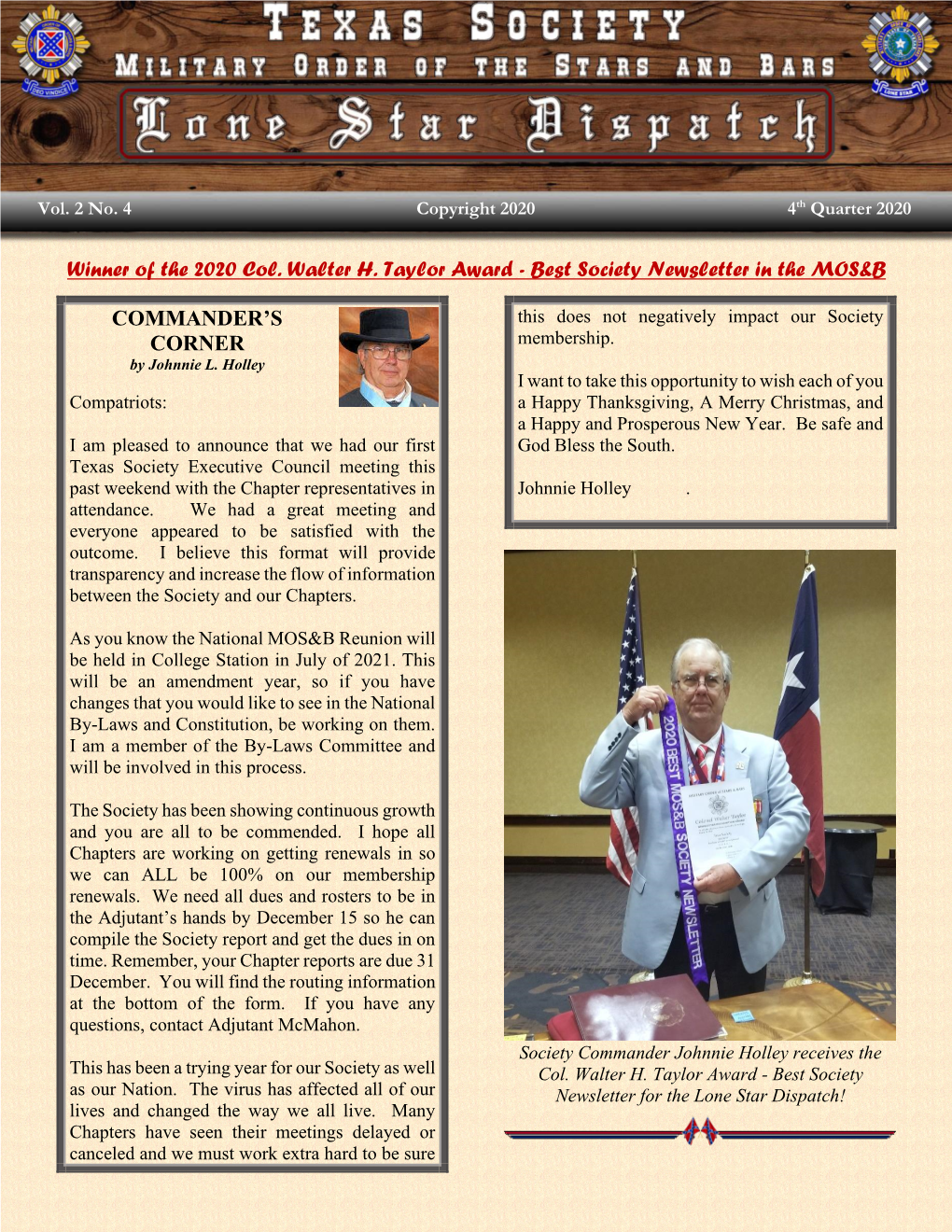 Winner of the 2020 Col. Walter H. Taylor Award - Best Society Newsletter in the MOS&B