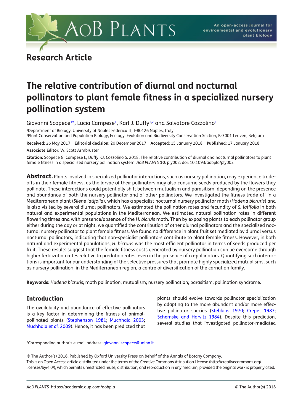 The Relative Contribution of Diurnal and Nocturnal Pollinators to Plant Female Fitness in a Specialized Nursery Pollination System