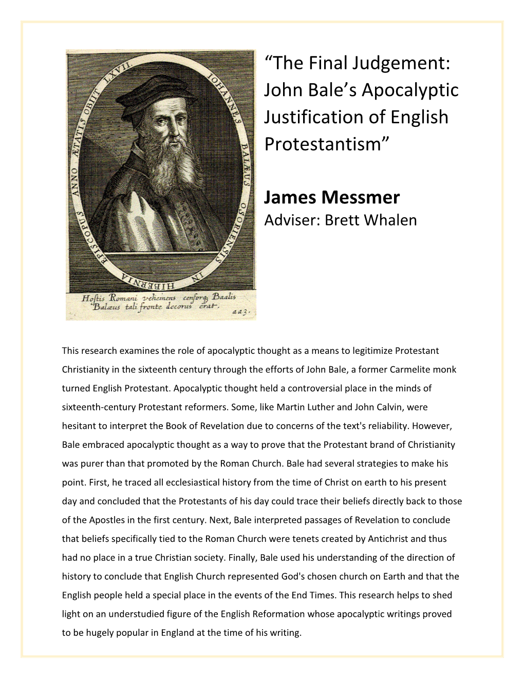 “The Final Judgement: John Bale's Apocalyptic Justification of English