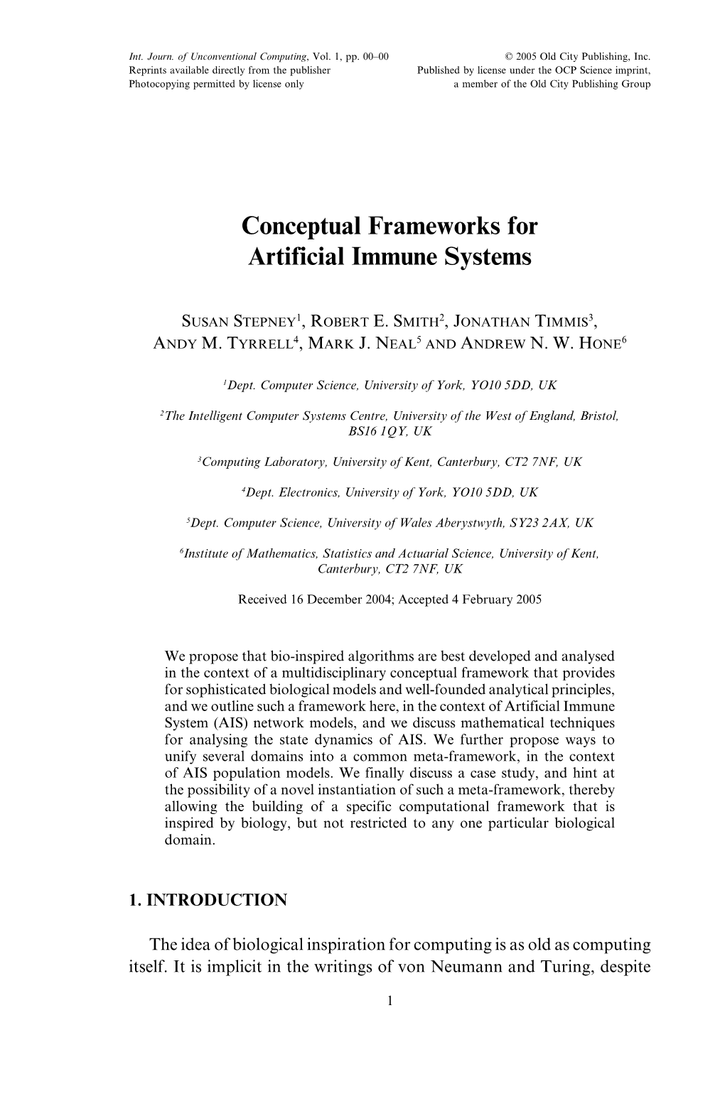 Conceptual Frameworks for Artificial Immune Systems