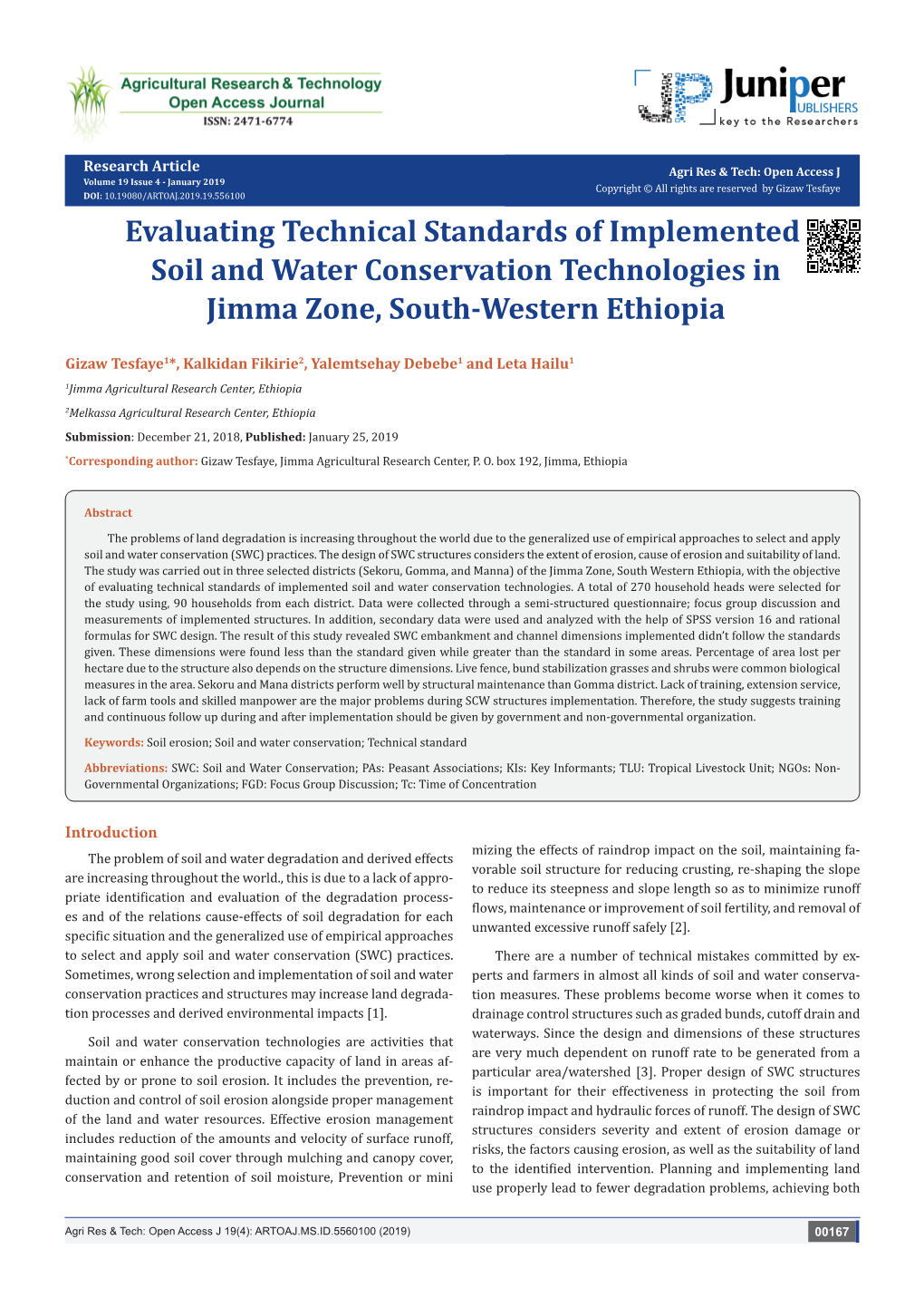 Evaluating Technical Standards of Implemented Soil and Water Conservation Technologies in Jimma Zone, South-Western Ethiopia