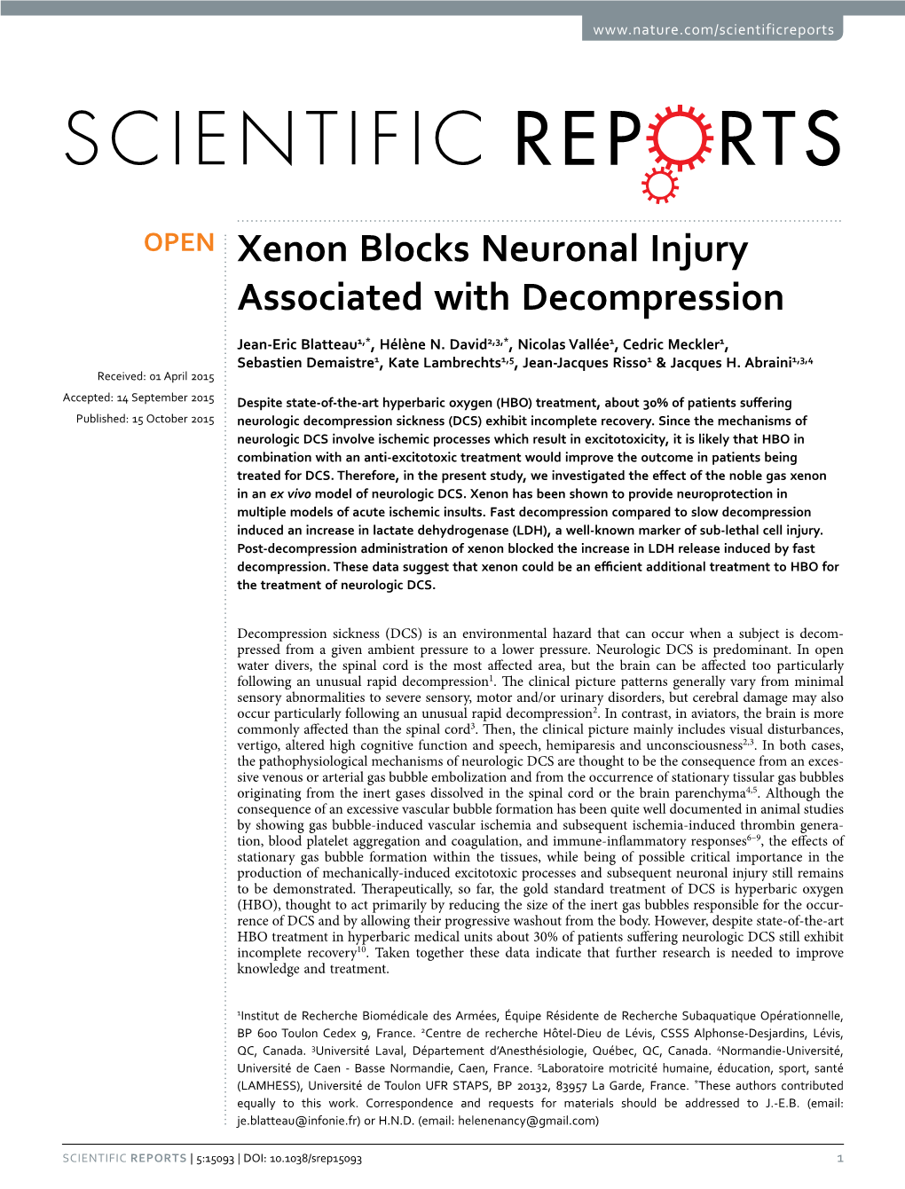 Xenon Blocks Neuronal Injury Associated with Decompression