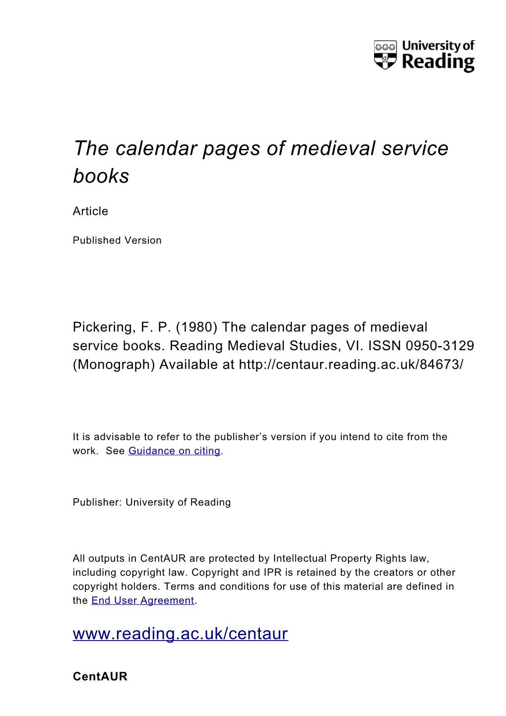 The Calendar Pages of Medieval Service Books