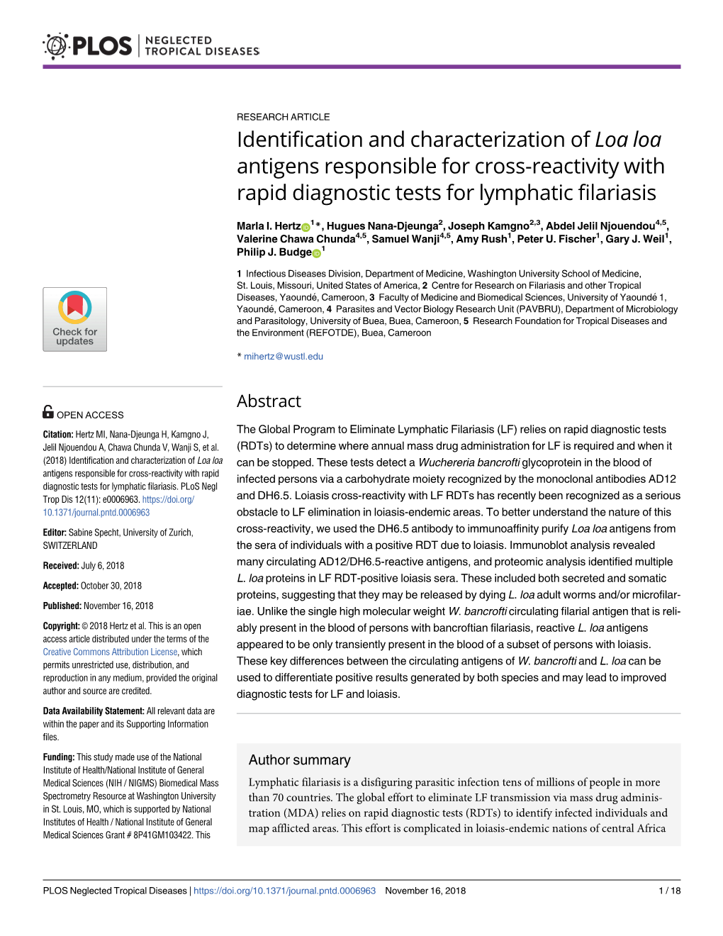 Identification and Characterization of Loa Loa Antigens Responsible for Cross-Reactivity with Rapid Diagnostic Tests for Lymphatic Filariasis