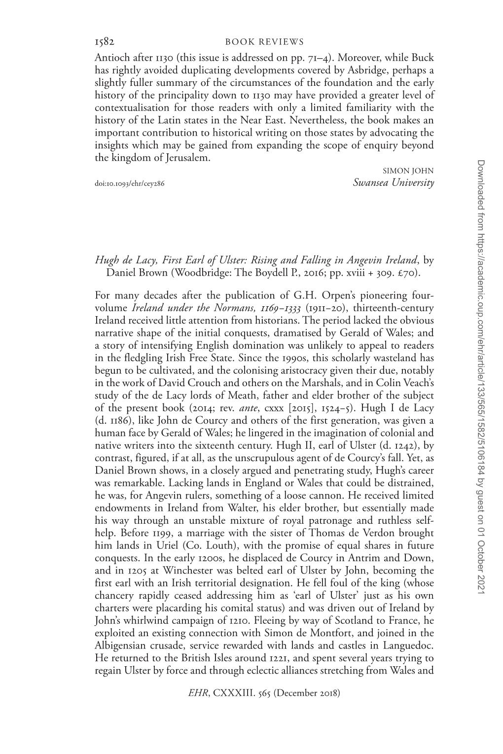 Hugh De Lacy, First Earl of Ulster: Rising and Falling in Angevin Ireland, by Daniel Brown (Woodbridge: the Boydell P., 2016; Pp