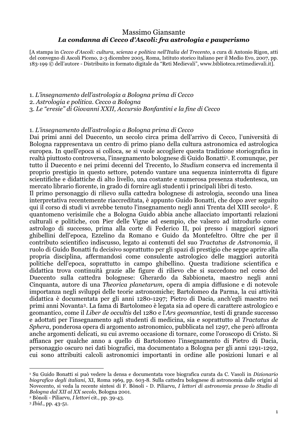 Massimo Giansante La Condanna Di Cecco D'ascoli: Fra Astrologia E Pauperismo