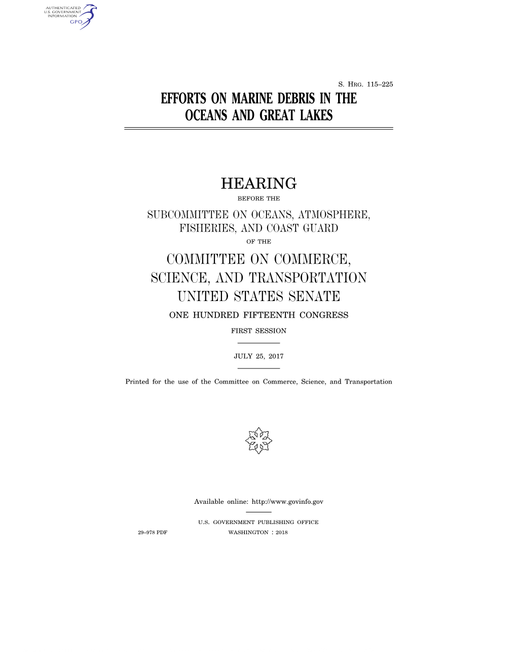 Efforts on Marine Debris in the Oceans and Great Lakes Hearing Committee on Commerce, Science, and Transportation United States