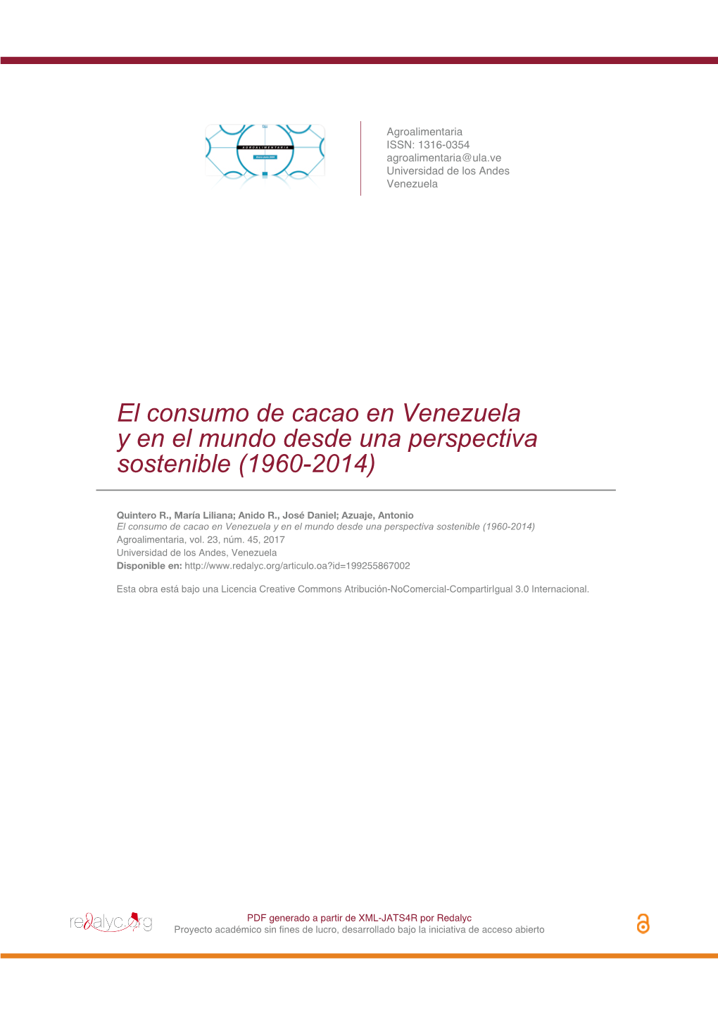 El Consumo De Cacao En Venezuela Y En El Mundo Desde Una Perspectiva Sostenible (1960-2014)