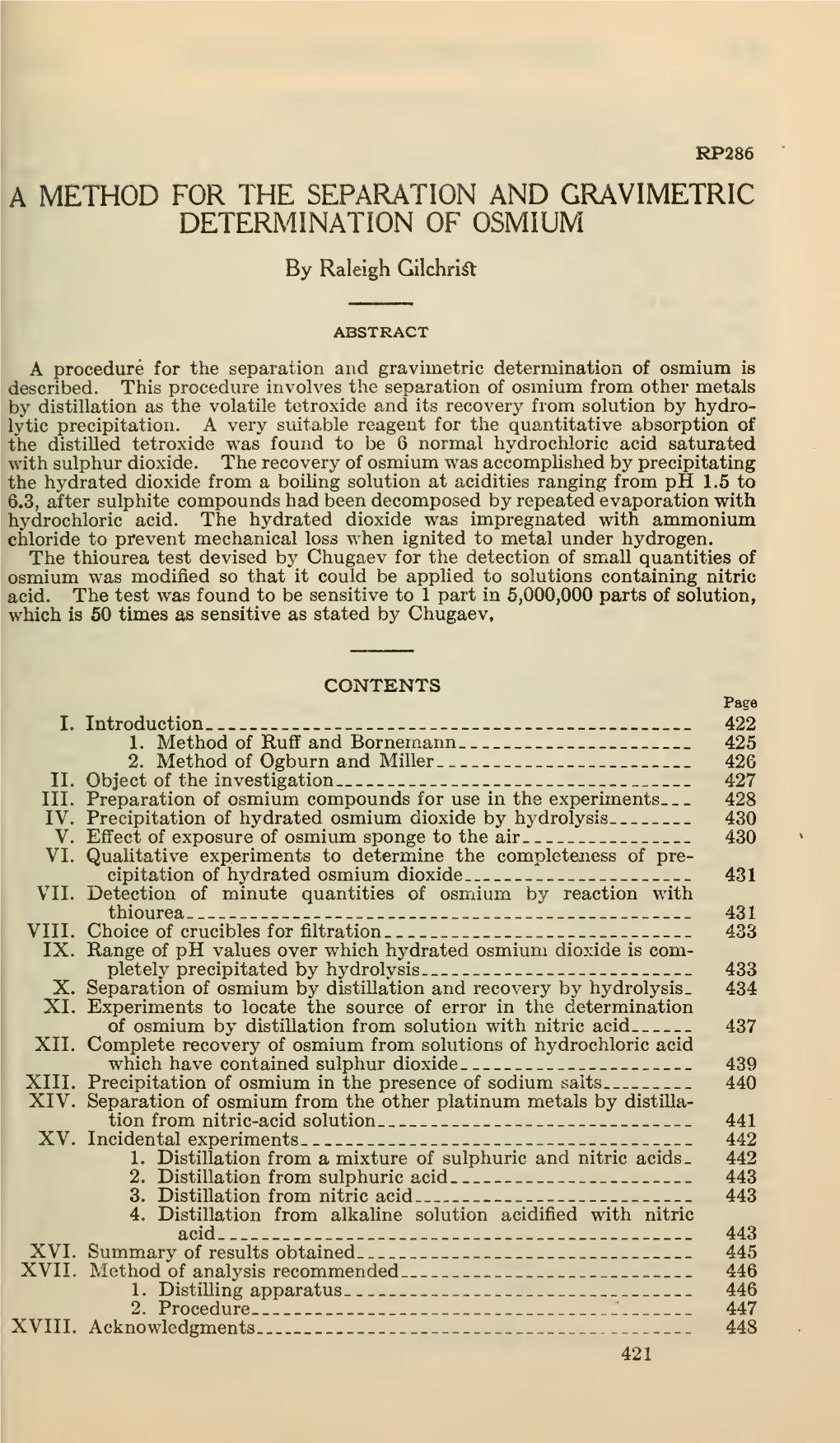 A Mehtod for the Seperation and Gravimetric Determination of Osmium