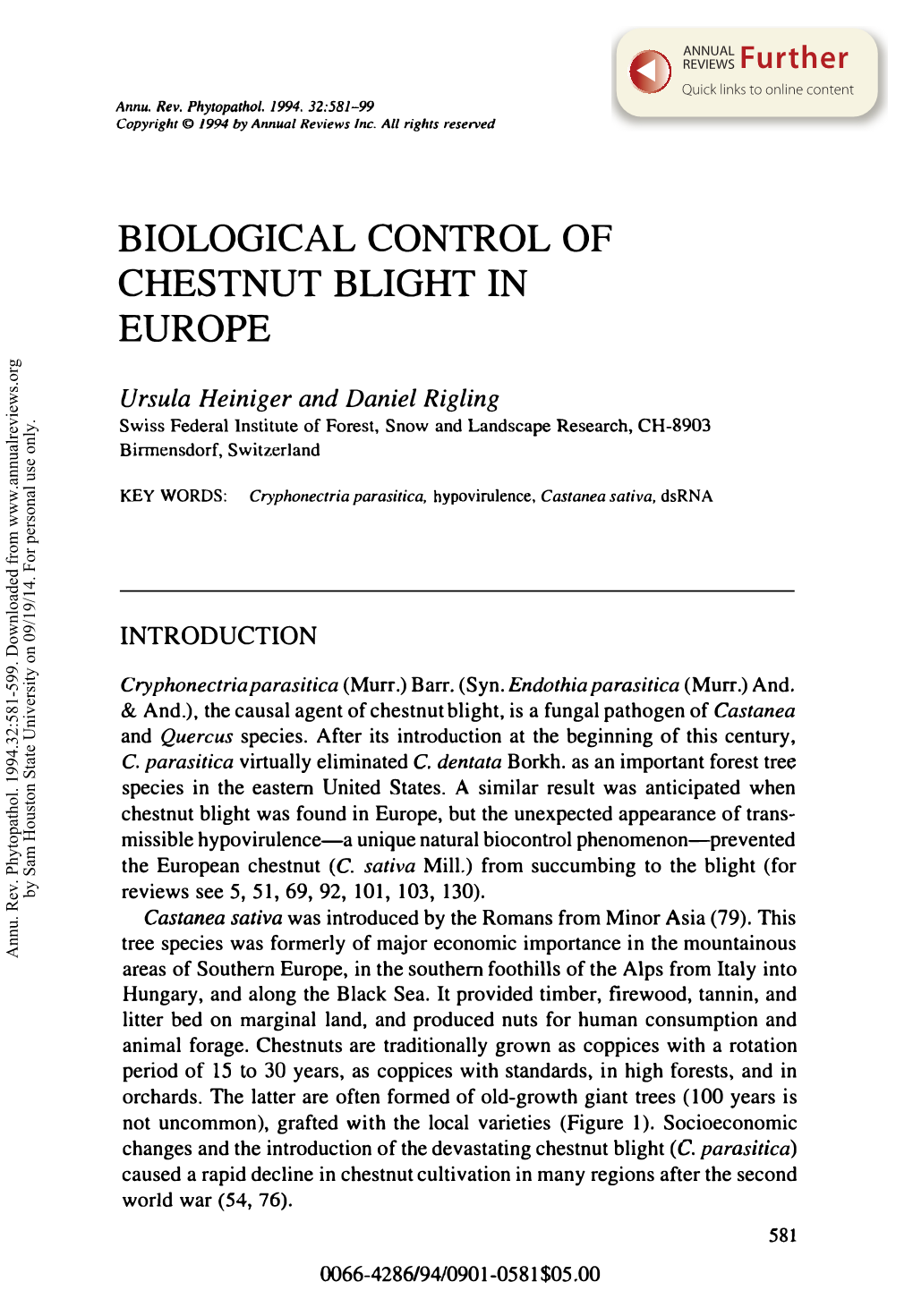 Biological Control of Chestnut Blight in Europe