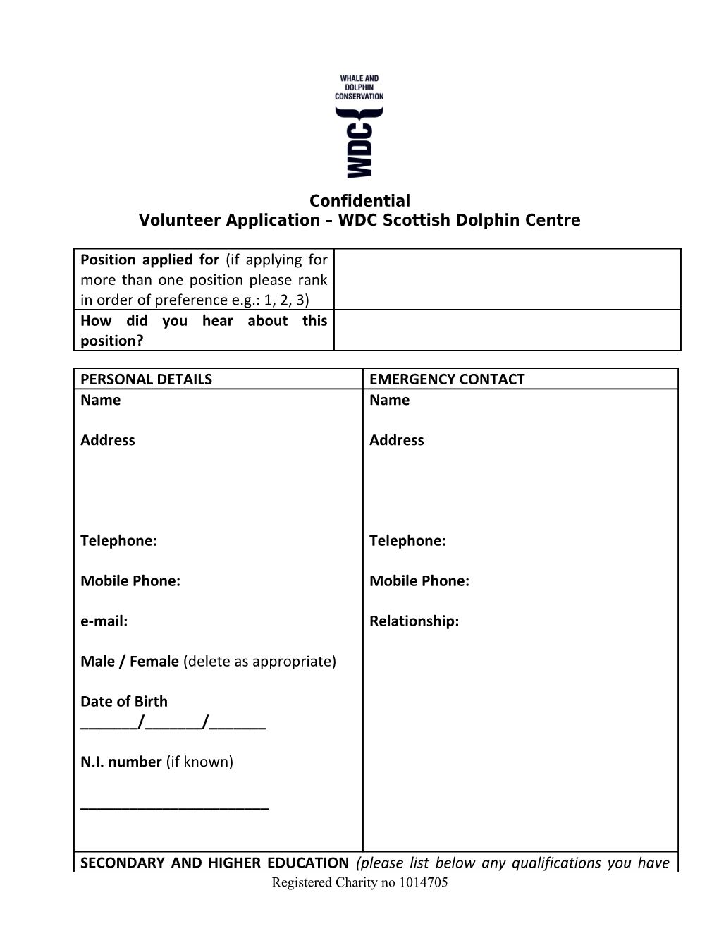 Volunteer Application WDC Scottish Dolphin Centre