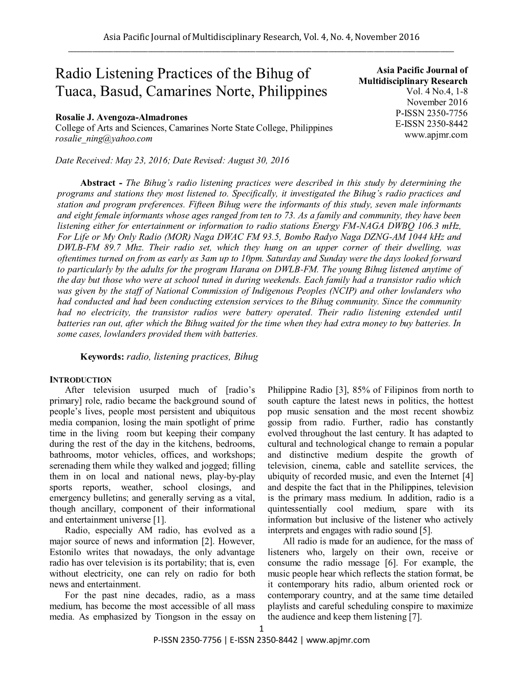 Radio Listening Practices of the Bihug of Tuaca, Basud, Camarines Norte ______