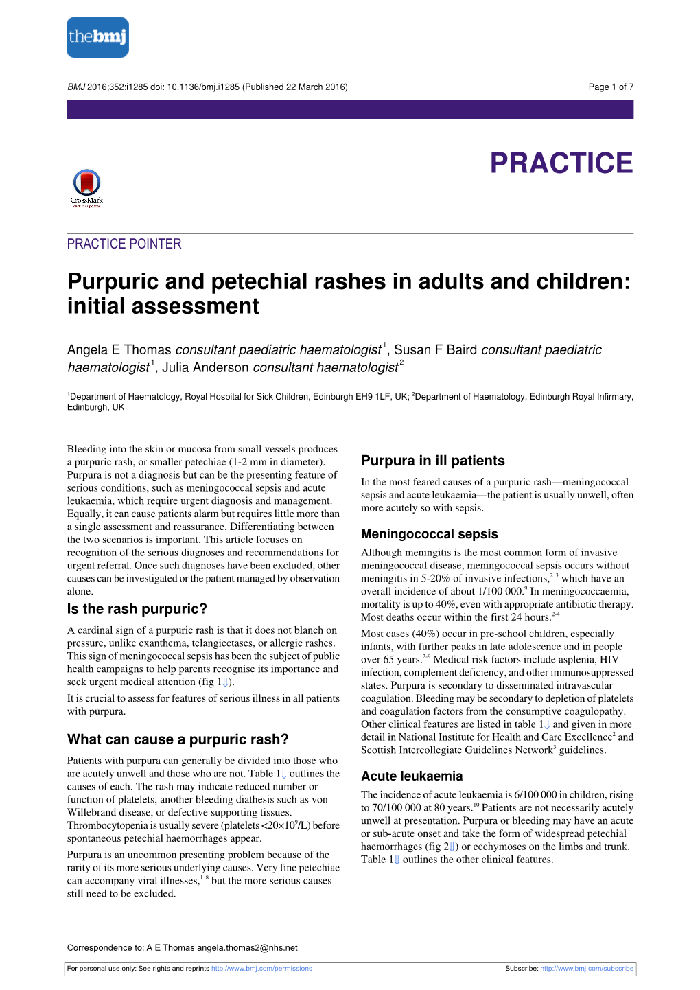 Purpuric and Petechial Rashes in Adults and Children: Initial Assessment