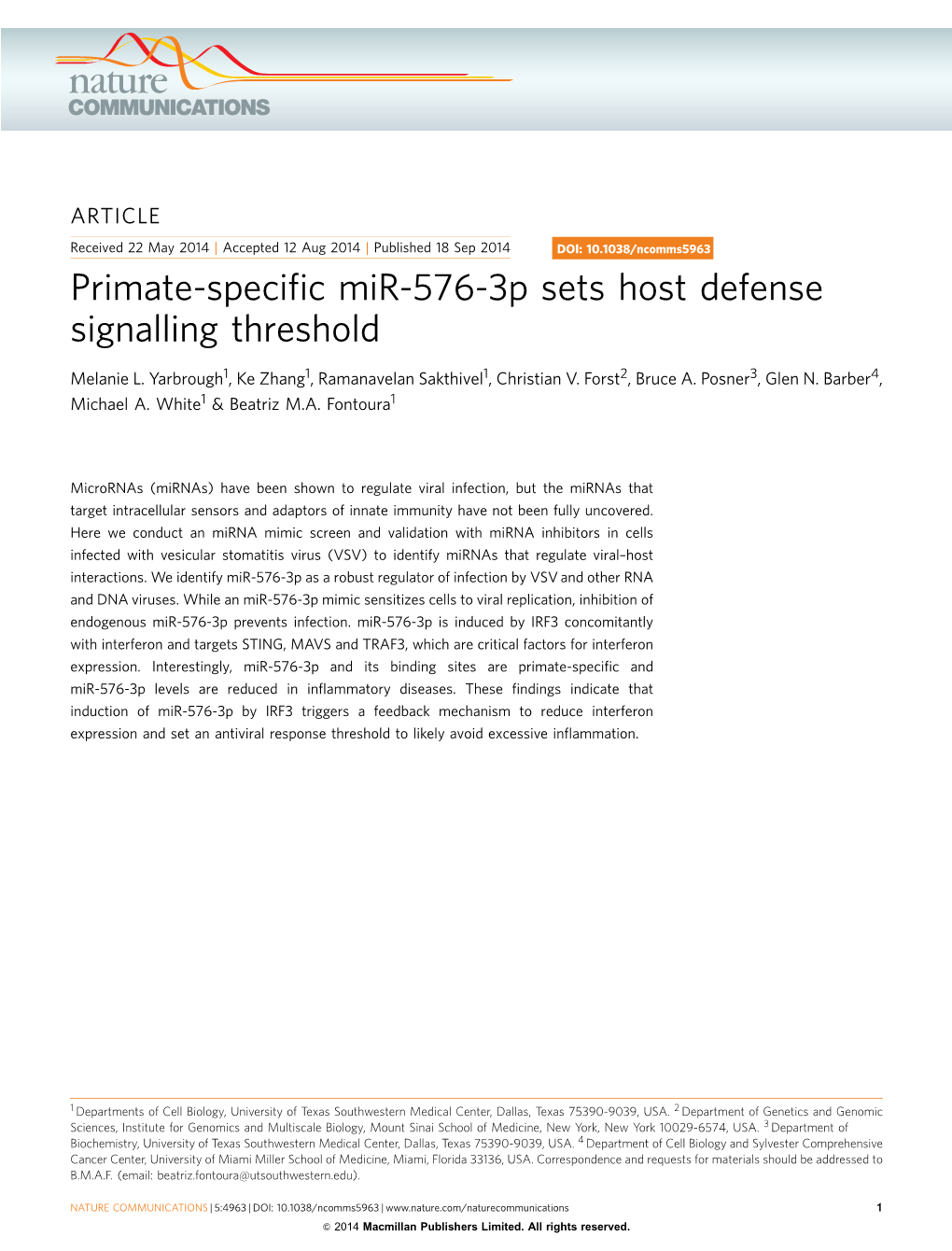 Primate-Specific Mir-576-3P Sets Host Defense Signalling Threshold