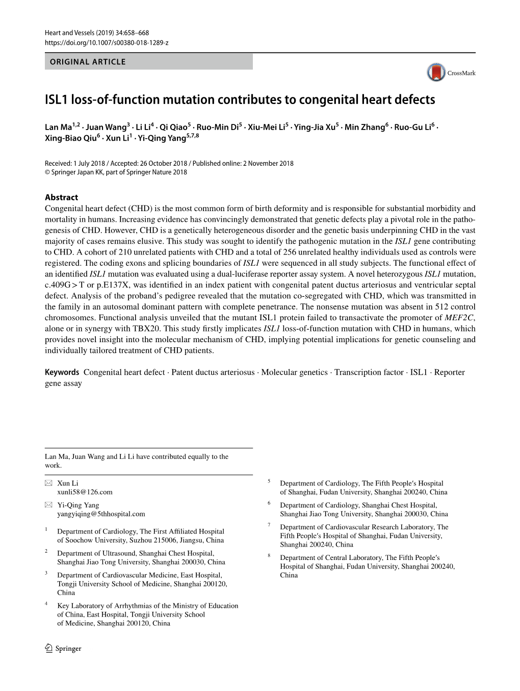 ISL1 Loss-Of-Function Mutation Contributes to Congenital Heart Defects