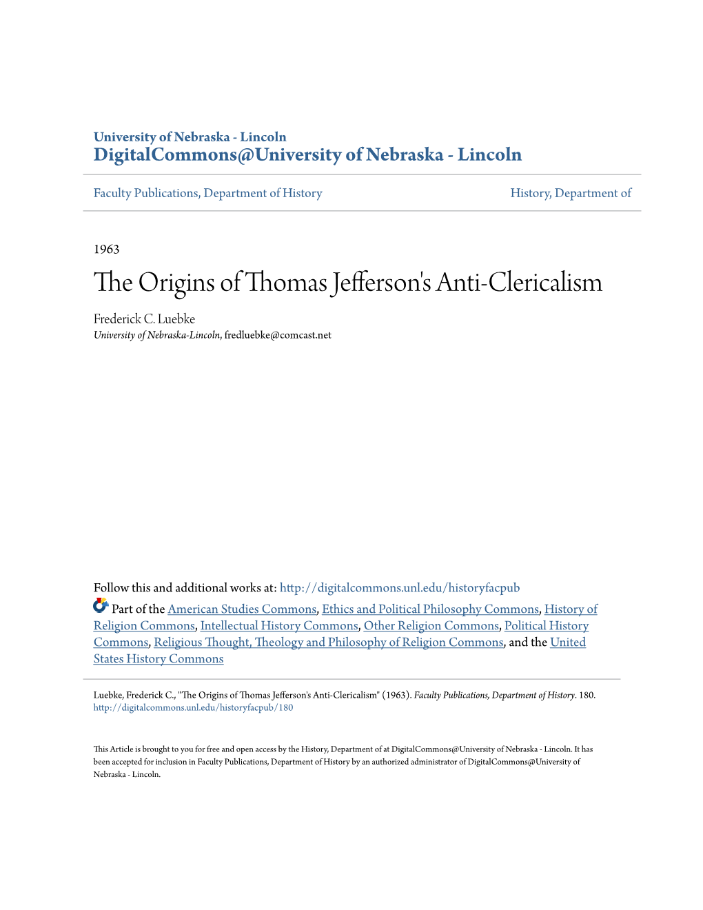 The Origins of Thomas Jefferson's Anti-Clericalism Frederick C