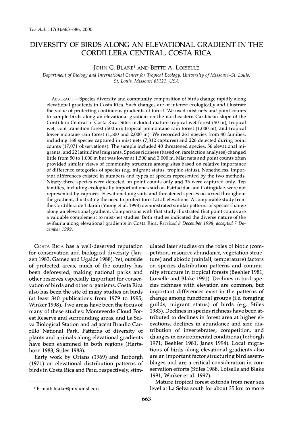 Diversity of Birds Along an Elevational Gradient in the Cordillera Central, Costa Rica