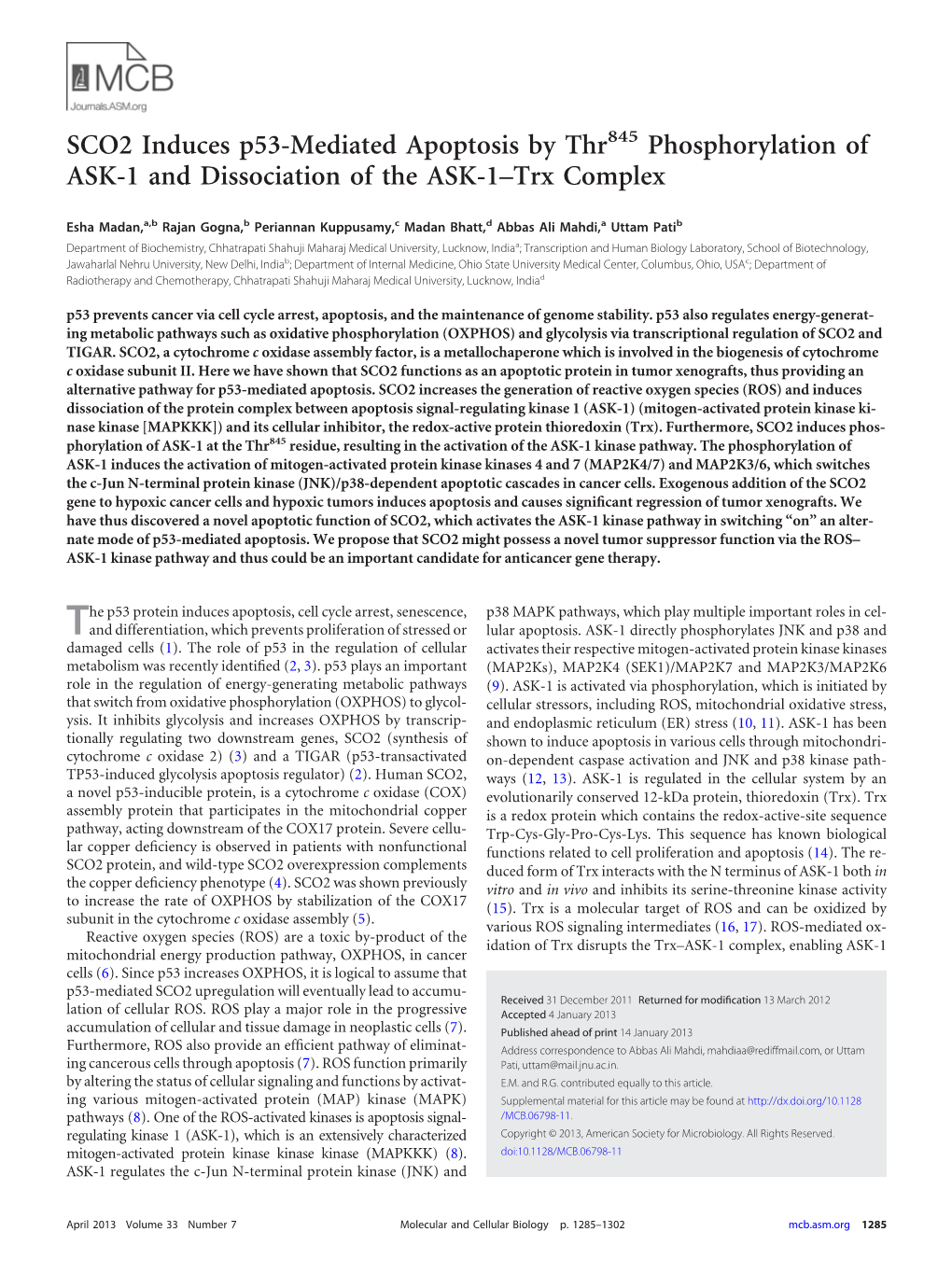 SCO2 Induces P53-Mediated Apoptosis by Thr845 Phosphorylation of ASK-1 and Dissociation of the ASK-1–Trx Complex