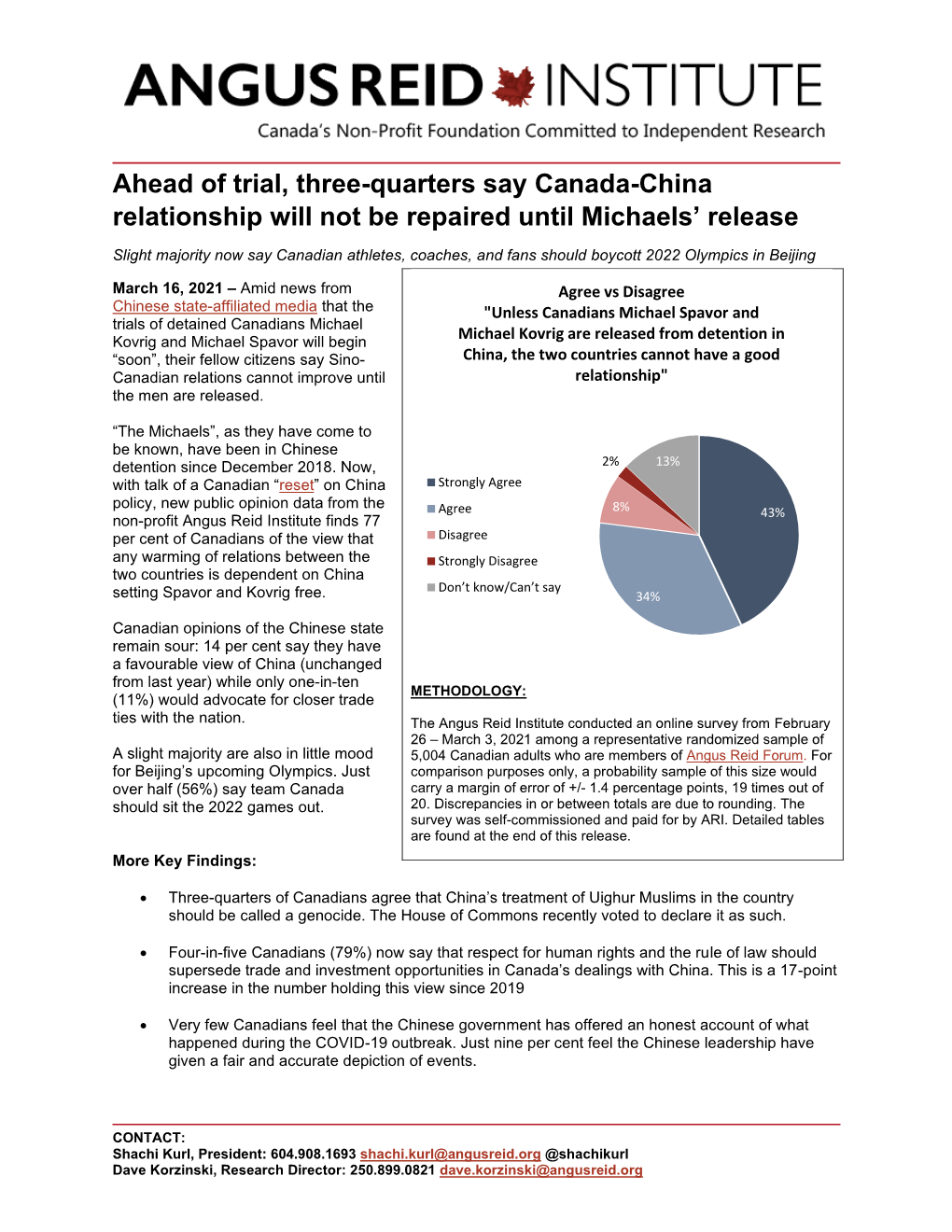 Ahead of Trial, Three-Quarters Say Canada-China Relationship Will Not Be Repaired Until Michaels’ Release