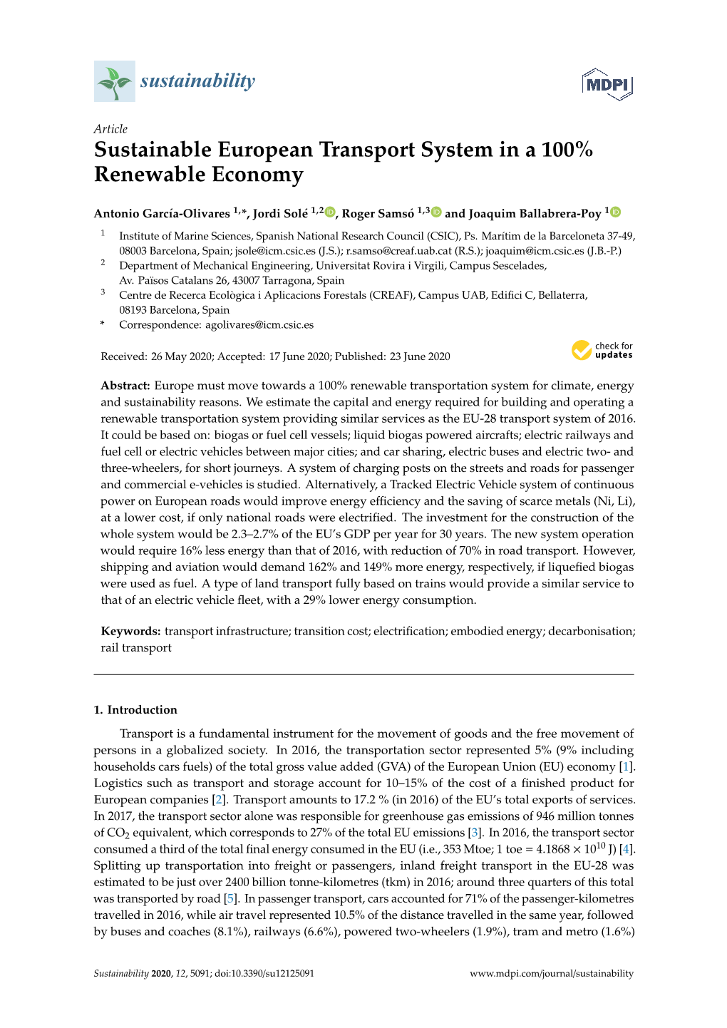 Sustainable European Transport System in a 100% Renewable Economy