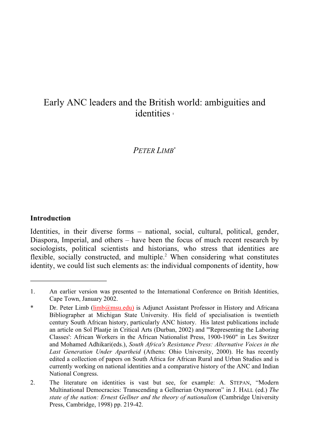 Early ANC Leaders and the British World: Ambiguities and Identities 1