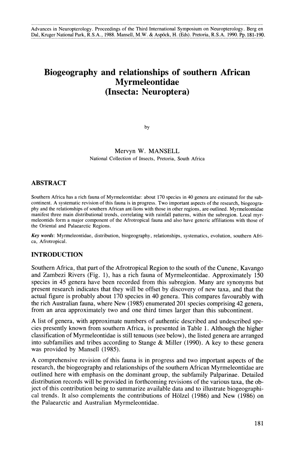 Biogeography and Relationships of Southern African Myrmeleontidae (Insecta: Neuroptera)