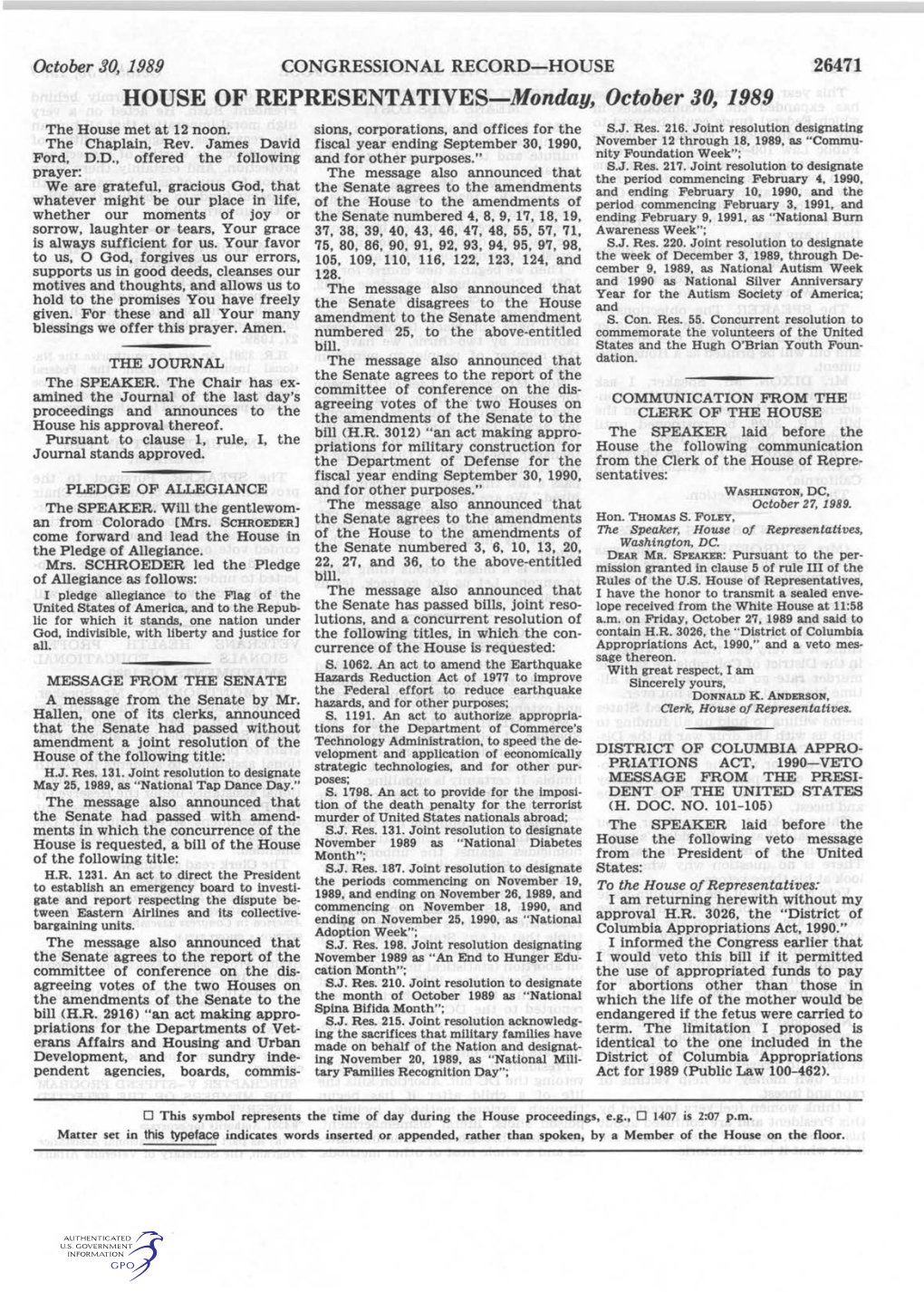 HOUSE of REPRESENTATIVES-Monday, October 30, 1989 the House Met at 12 Noon