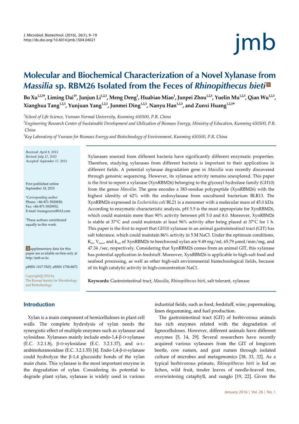 Molecular and Biochemical Characterization of a Novel Xylanase from Massilia Sp. RBM26 Isolated from the Feces of Rhinopithecus